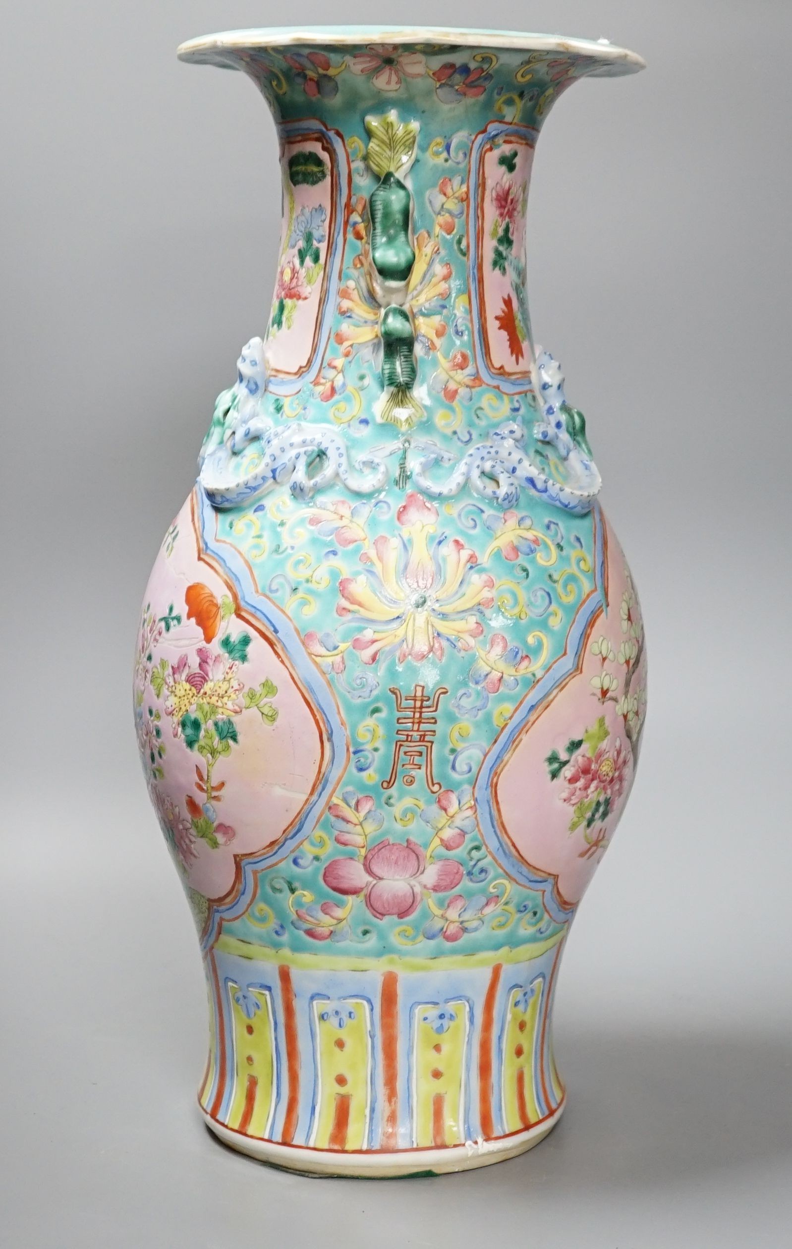 A 19th century Chinese Cantonese two-handled famille rose vase, 44cm